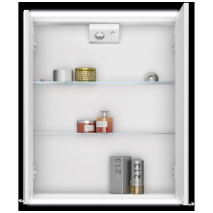 Armoire de toilette Jokey Batu 60 LED blanche ouverte avec étagères en verre, prise et accessoires de salle de bain.