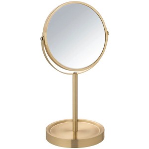 Specchio cosmetico da tavolo Alata rotondo color oro opaco. Bifacciale con ingrandimento 3x, orientabile.
