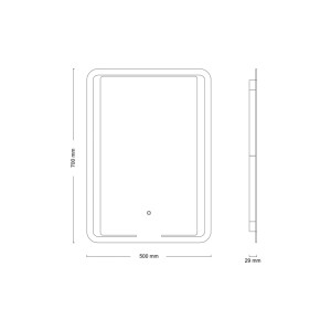 Disegno tecnico dello specchio illuminato a forma di cristallo RoomLight II, 50x70 cm, con dimensioni.