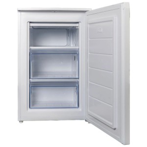 Congélateur Kibernetik B9470GS92 blanc porte ouverte, montrant intérieur 87 l et 3 tiroirs transparents.
