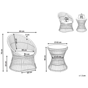 Schéma de l'ensemble bistro Beliani Mesyna en polyrotin blanc avec dimensions de la chaise et de la table.