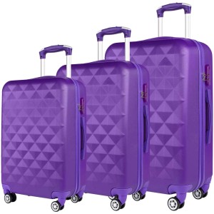 Ensemble de 3 valises à roulettes violettes en plastique ABS avec poignée télescopique et roulettes.