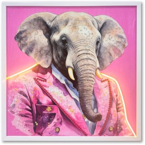 Tableau LED : Éléphant George en costume, coloré, 62x62cm. Décoration murale avec éclairage LED.