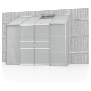Serre adossée Vitavia Ida 3300 avec double porte coulissante et fenêtre de toit, aluminium