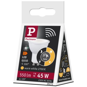 Paulmann LED-Reflektor GU10 mit Sensor in matter Weiss-Verpackung. Zeigt 550 lm, 7W, warmweiss, Bewegungsmelder.