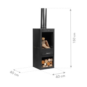 Four de jardin CookKing Rosa en acier noir, 150 cm de haut, avec rangement pour le bois et conduit de fumée.