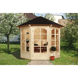 Gazebo in legno Weka Pavillon 234 A con finestre ad arco e tetto a tenda in giardino.