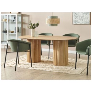 Table de salle à manger Beliani Sheridan, plateau MDF marron, forme ovale, avec quatre chaises vertes dans la salle à manger.