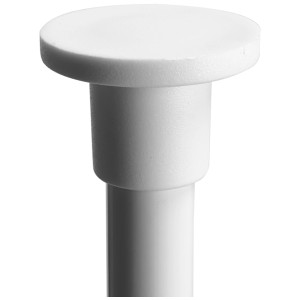 Gros plan : étagère d'angle de douche MSV blanche en acier télescopique, partie d'une étagère murale de salle de bain.