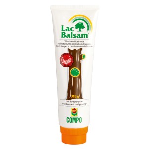 Compo Lac Balsam cicatrisant, tube de 385g avec motif arbre et pinceau.
