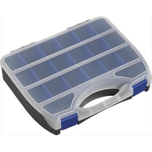Boîte de rangement LUX 32cm avec couvercle transparent et compartiments flexibles.