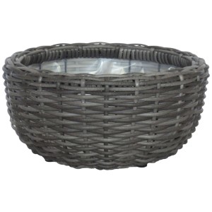 Cache-pot gris (35x35x17 cm) en polyrotin tressé pour intérieur et extérieur.