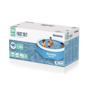 Confezione della piscina Bestway Fast Set, Ø 244 cm, con famiglia in piscina.
