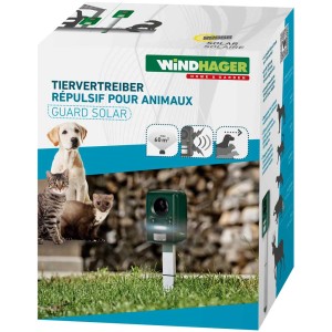 Confezione del dispositivo solare Windhager per la dissuasione degli animali contro cani, gatti e martore.