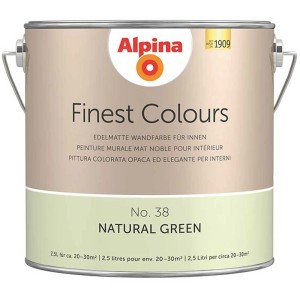 Barattolo di pittura murale Alpina Finest Colours Natural Green, 2.5 l. Pittura opaca verde per interni.