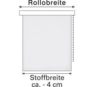 Schéma d'un store enrouleur latéral Gardinia gris pour obscurcissement avec indication de la largeur.
