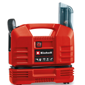 Einhell TC-AC 190 compresseur en coffret, compresseur sans huile dans un boîtier rouge avec poignée.