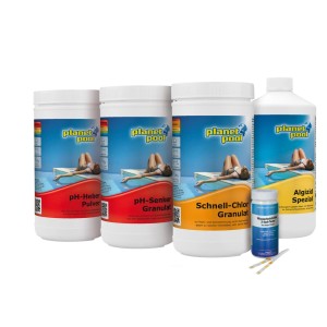 Kit de démarrage piscine avec chlore : pH moins, pH plus, chlore rapide granulés, algicide spécial et quick tester.