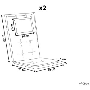Diagramma dei cuscini per sedie Beliani Maui Blu (2 pz.) con dimensioni per seduta e sedia da giardino.