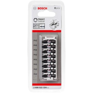 Set di inserti Bosch Impact Control, 8 pezzi, inserti PH2 per avvitatori e trapani.