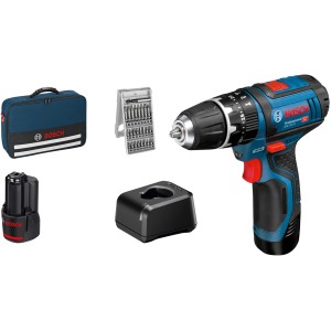 Set avvitatore a percussione Bosch Professional GSB 12V-15 con borsa, batterie, caricabatterie e set di punte.