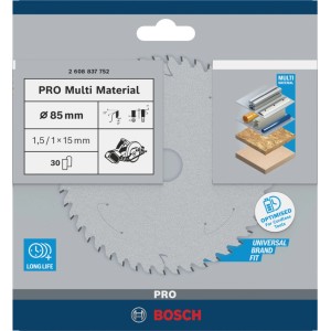 Lama sega circolare Bosch Standard for Multi Material, Ø 85mm, 30 denti. Per seghe a batteria, legno, metallo, plastica.
