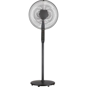 Schwarzer Standventilator Silent, Ø 40 cm, Höhe 135 cm, mit Bedienfeld am Standfuß.