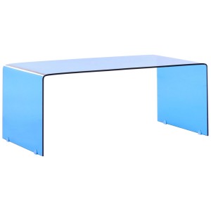 Table basse rectangulaire bleue Kendall en verre de sécurité aux bords arrondis. Design minimaliste.