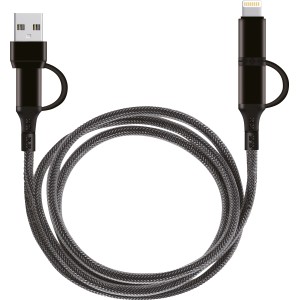 Cavo USB 4-in-1 nero (USB A, USB C, Lightning) per ricarica e trasferimento dati.