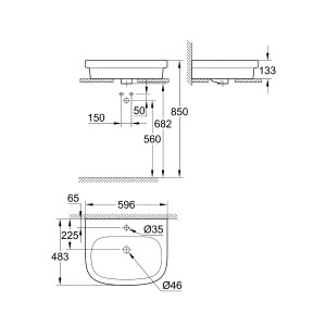 Schéma technique du lavabo à poser Grohe Euro Ceramic avec dimensions.