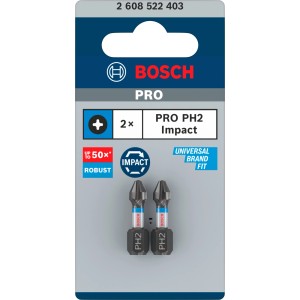 Punte per avvitatore Bosch Impact Control PH2 25 mm, 2 pezzi, robuste per avvitatori a impulsi, in blister.