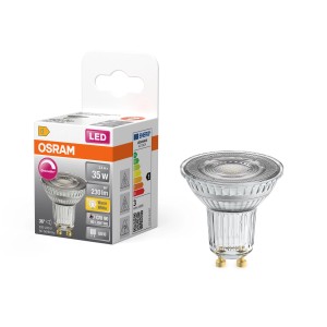 Lampada riflettore LED GU10 Osram, dimmerabile, 2.4W, bianco caldo, accanto alla confezione del prodotto.