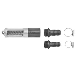 Kit de filtre d'aspiration Gardena avec clapet anti-retour, comprenant un filtre, des raccords de tuyau et des colliers.