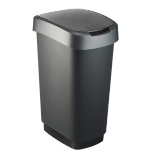 Schwarzer Rotho Abfalleimer Twist, 50 Liter, mit Schwingdeckel und Klappdeckel.