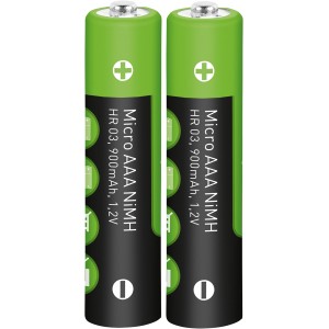 Set di 2 batterie AAA NiMH verdi, 900mAh, micro batteria per torce.