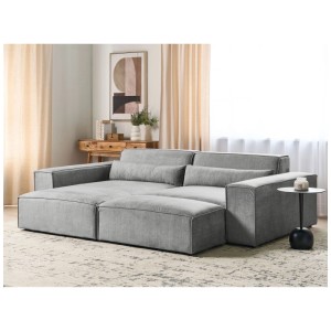 Canapé d'angle en tissu gris Beliani Hellnar avec ottoman et coussins décoratifs.