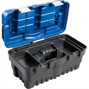 Boîte à outils LUX KWK-26 ouverte en plastique avec boîte de tri, bleu/gris.
