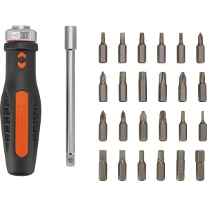 Tournevis OBI Bit, jeu de 26 pièces avec embouts, rallonge et manche orange et noir.