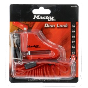 Master Lock Bremsscheibenschloss, rot, mit Erinnerungskabel und Schlüsseln, zur Sicherung von Motorrädern.