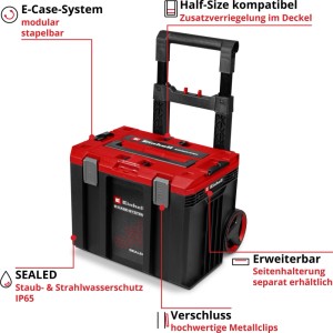 Mallette à outils Einhell E-Case L Sealed rouge avec poignée, roues. Modulaire, empilable, IP65 anti-poussière et anti-éclaboussures.