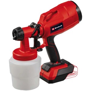 Système de pulvérisation de peinture sans fil Einhell TE-SY 18/60 Li (sans batterie) rouge avec récipient transparent.