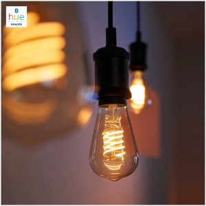 Lampadina Philips Hue Edison E27 Filament, chiara lampadina vintage a luce bianca calda.