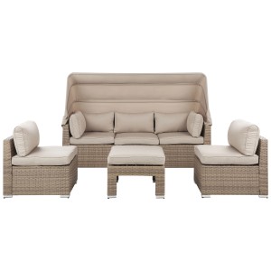 Ensemble lounge Beliani Coccolia 5 places, rotin beige-marron avec pare-soleil, canapé, fauteuils et pouf.