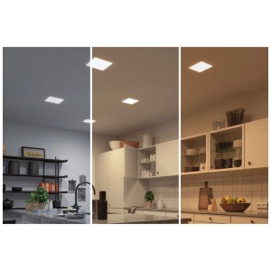 Panneau LED Paulmann Veluna VariFit : Panneau encastrable Zigbee dimmable en différentes nuances de blanc dans la cuisine.