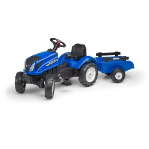 Trattore blu Falk New Holland con rimorchio (taglia M) per bambini, giocattolo da esterno.