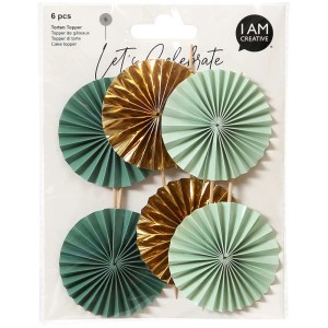 I Am Creative Fächer-Picker Mint/Gold, 6 Stk. Dekorative Torten- und Cupcake-Deko für Partys.