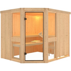 Sauna Karibu Anina 3 in abete naturale con porta in vetro e finiture finestre.
