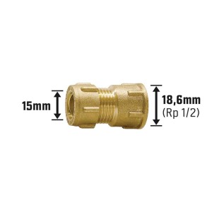 Raccordo a compressione in ottone, 15 mm x 18,6 mm (Rp 1/2) per tubi in rame.
