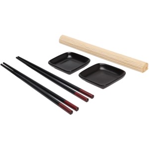 Set à sushi 7 pièces en bambou et porcelaine avec natte, coupelles et baguettes.