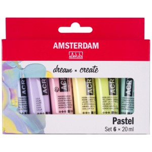 Amsterdam Acrylfarben Pastell Set, 6 Farben à 20ml, matte Optik für kreative Projekte.